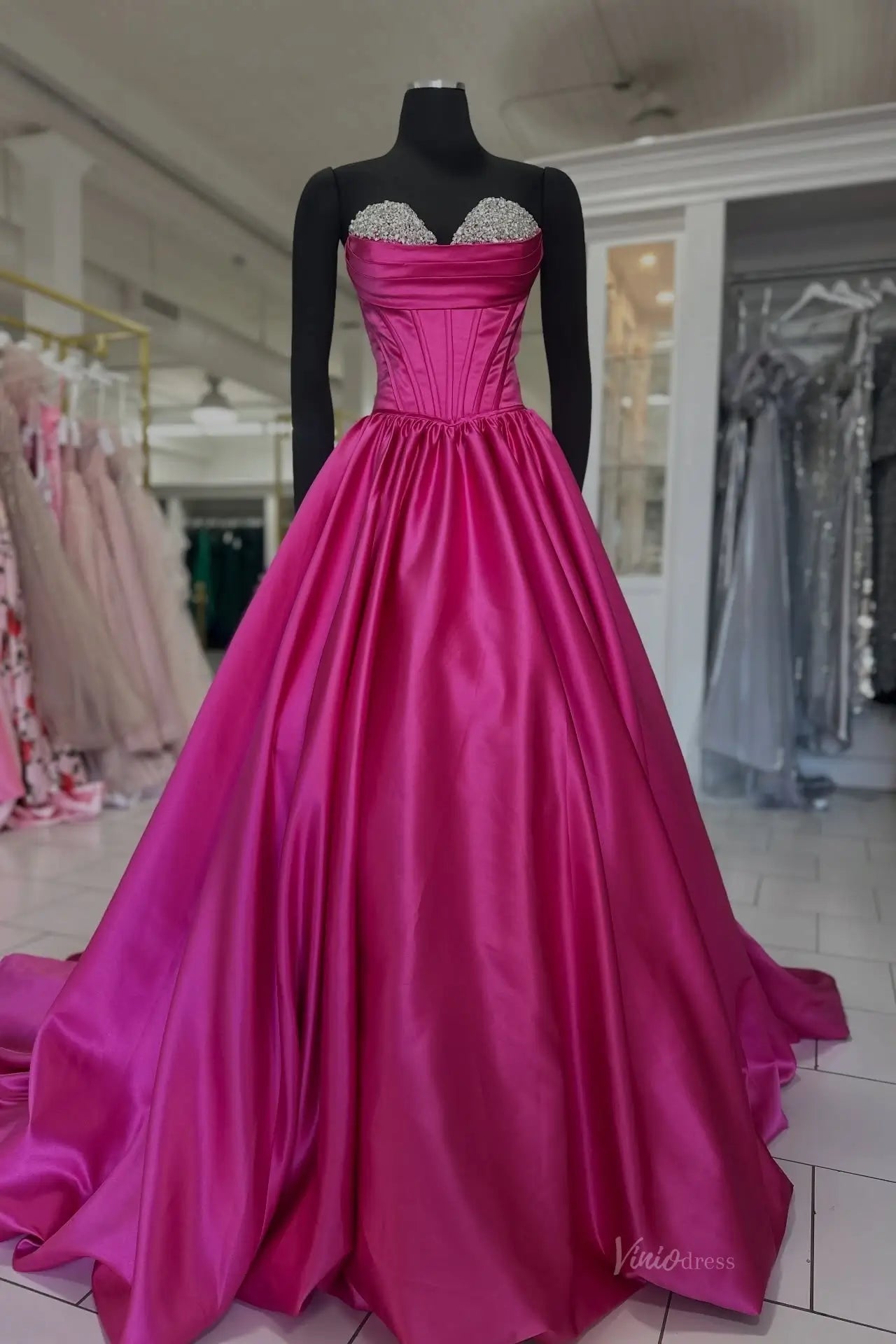 Fuchsia Strapless Satin Ball Gown Prom Dress with Rhinestone Bust AS099 Viniodress Fuchsia Strapless Satin Ball Gown Prom Dress with Rhinestone Bust AS099 Viniodress