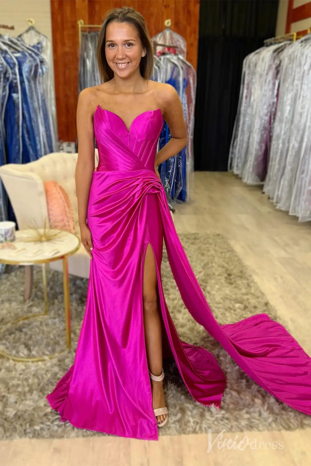 Fuchsia Strapless Satin Prom Dress with Sweetheart Neckline and High Slit SS084 Viniodress Fuchsia Strapless Satin Prom Dress with Sweetheart Neckline and High Slit SS084 Viniodress