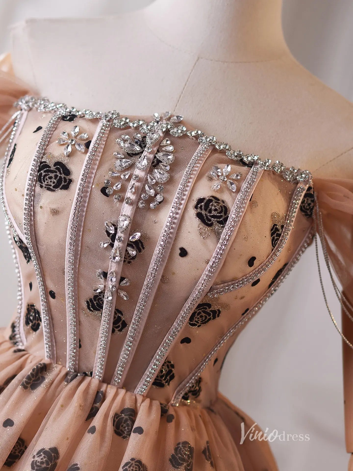 Glamorous Champagne Rhinestone Homecoming Dress with Off-Shoulder Puff Sleeves & Black Rose Tulle Skirt – BJ100-prom dresses 2025 -Viniodress-Champagne-Custom Size-