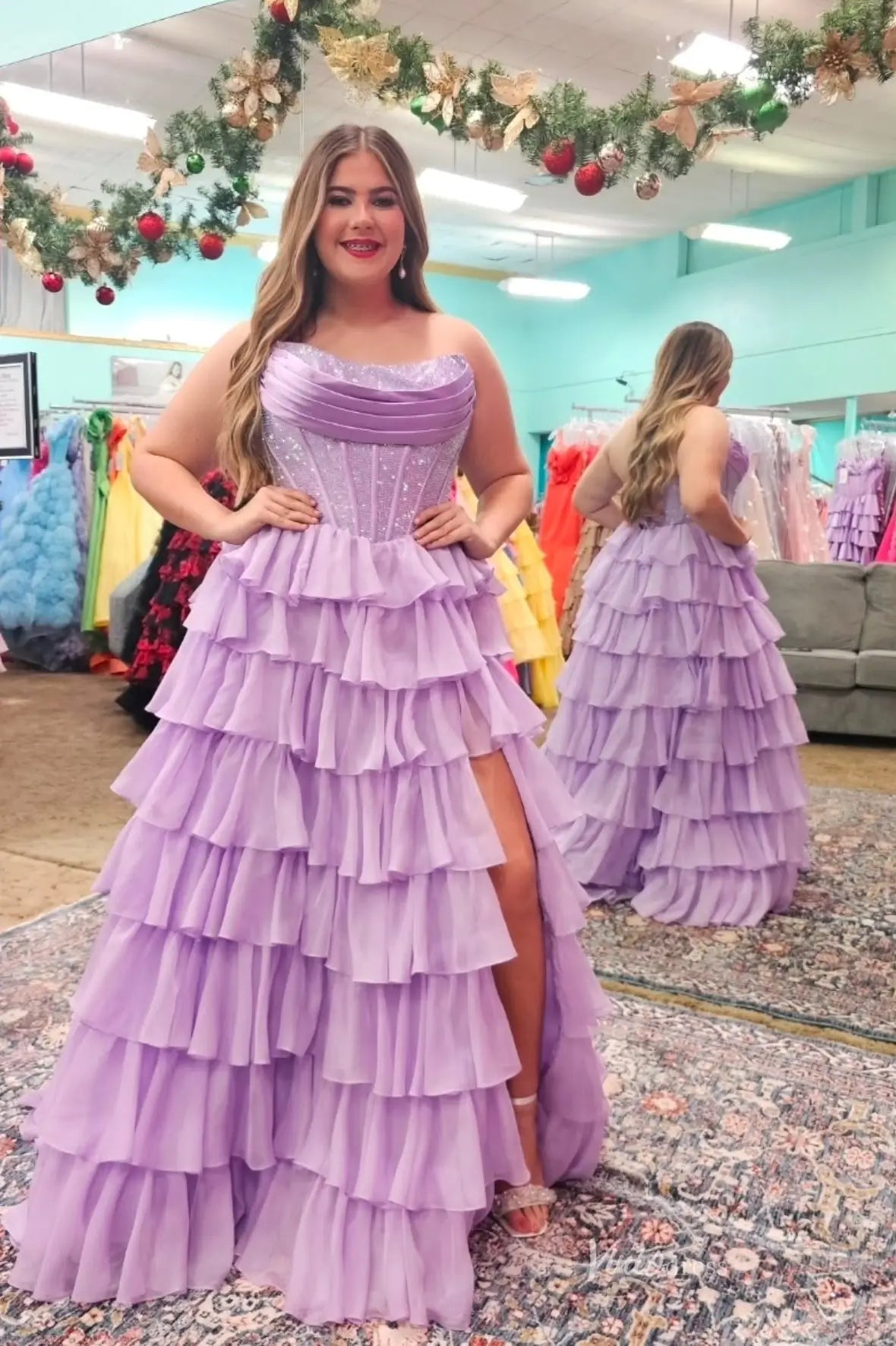 Tiered Ruffle Prom Dress with Sparkly Corset & Slit – RF319 – Viniodress