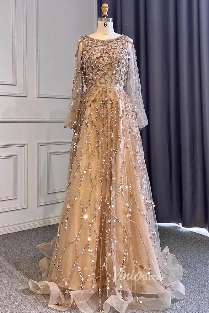 Gold Beaded Long Sleeve Evening Dresses A-Line Boat Neck Pageant Dress –  Viniodress