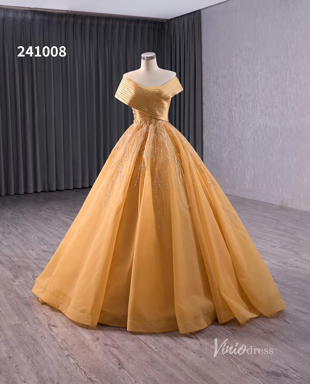 Gold Beaded Wedding Dresses Ball Gown Off the Shoulder Quinceanera Dre –  Viniodress
