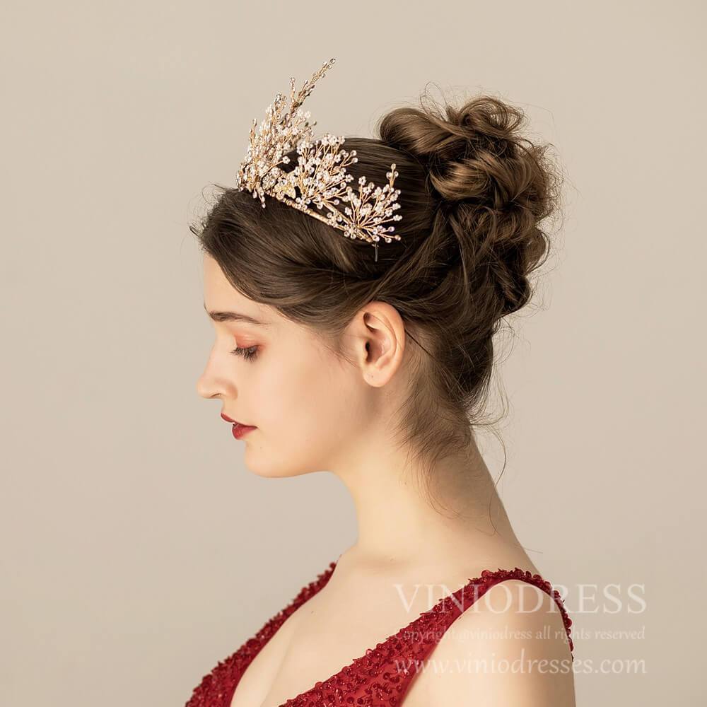 Gold Blooming Floral Tiara Quinceanera Crown AC1114-Headpieces 2025 -Viniodress-Gold-