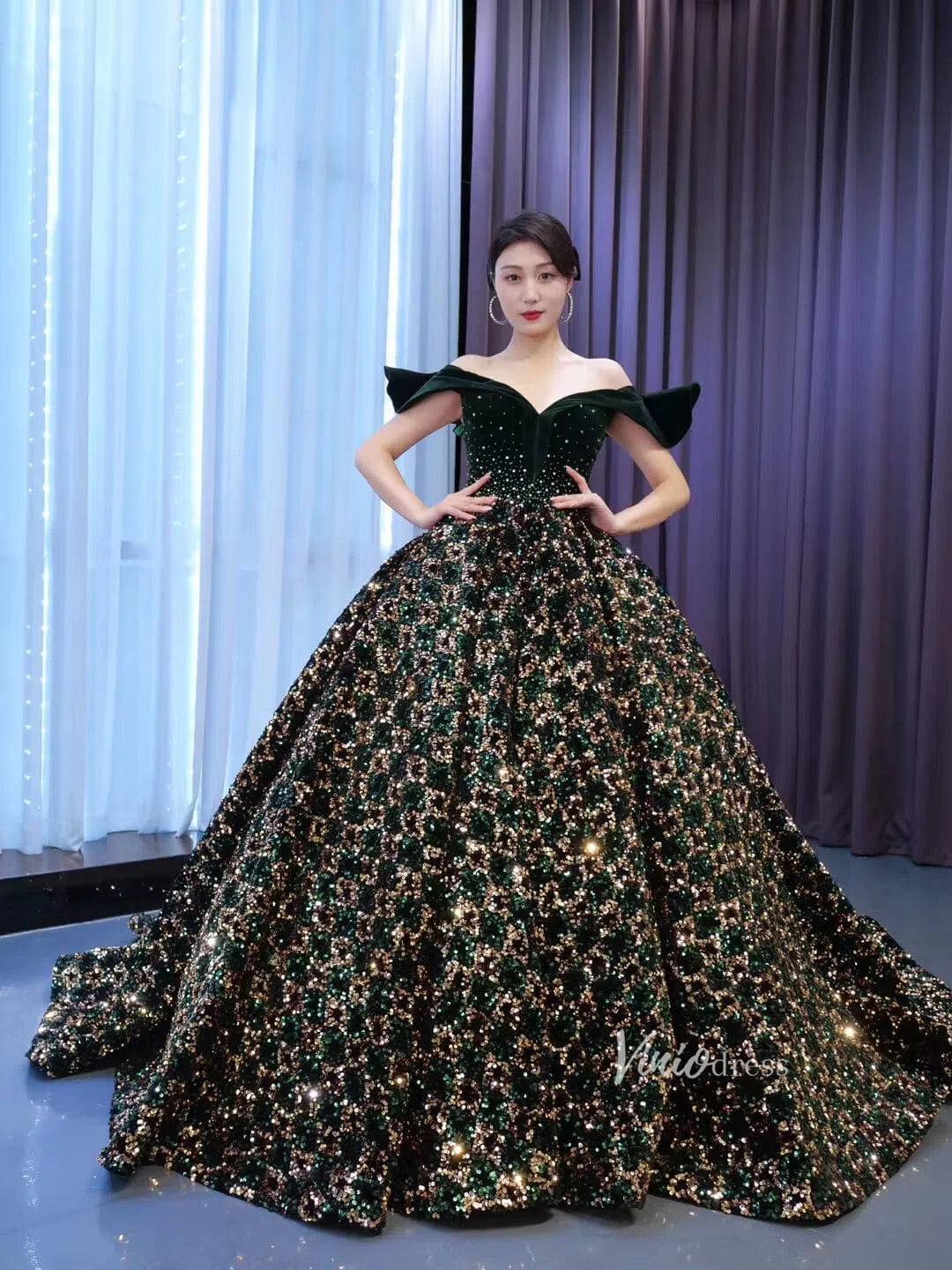 blue dress for baby girl Gold Green Ball Gown Wedding Dress Off the Shoulder Sweet 15 Dress 674 –  Viniodress