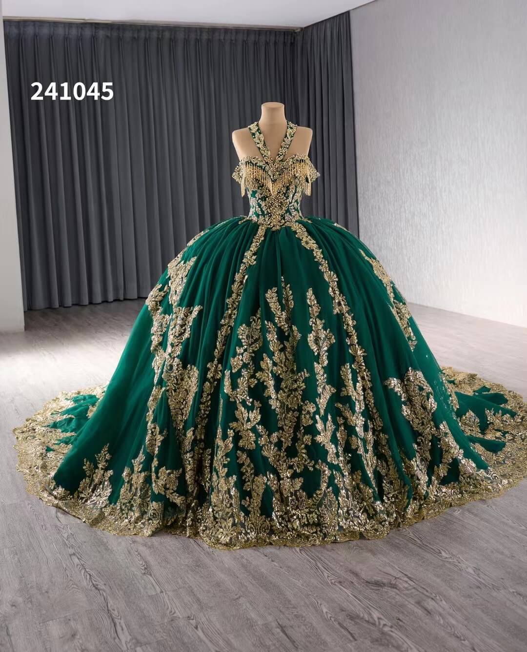 Gold Green Beaded Sequin Lace Wedding Gown Halter Neck Quinceanera Dre –  Viniodress