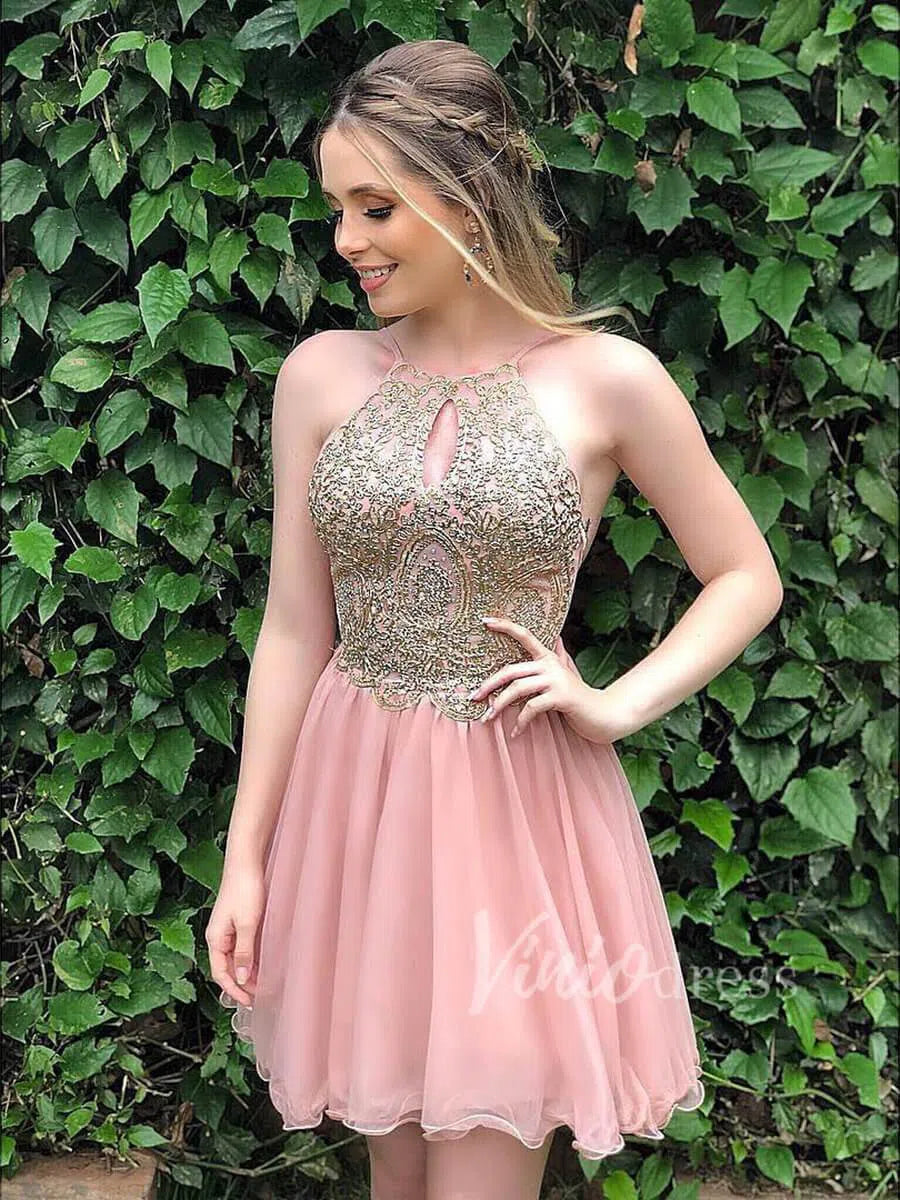 Gold Lace Homecoming Dresses Halter Pink Short Party Dress SD1188 –  Viniodress