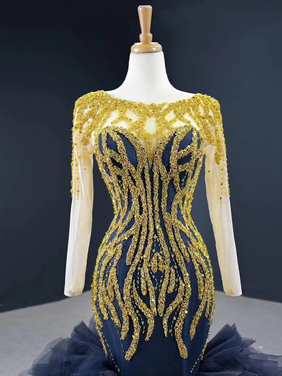 Gold Pageant Gown Navy Blue Mermaid Prom Dresses with Sleeves FD2426 viniodress-prom dresses 2025 -Viniodress-As Picture-Custom Size-