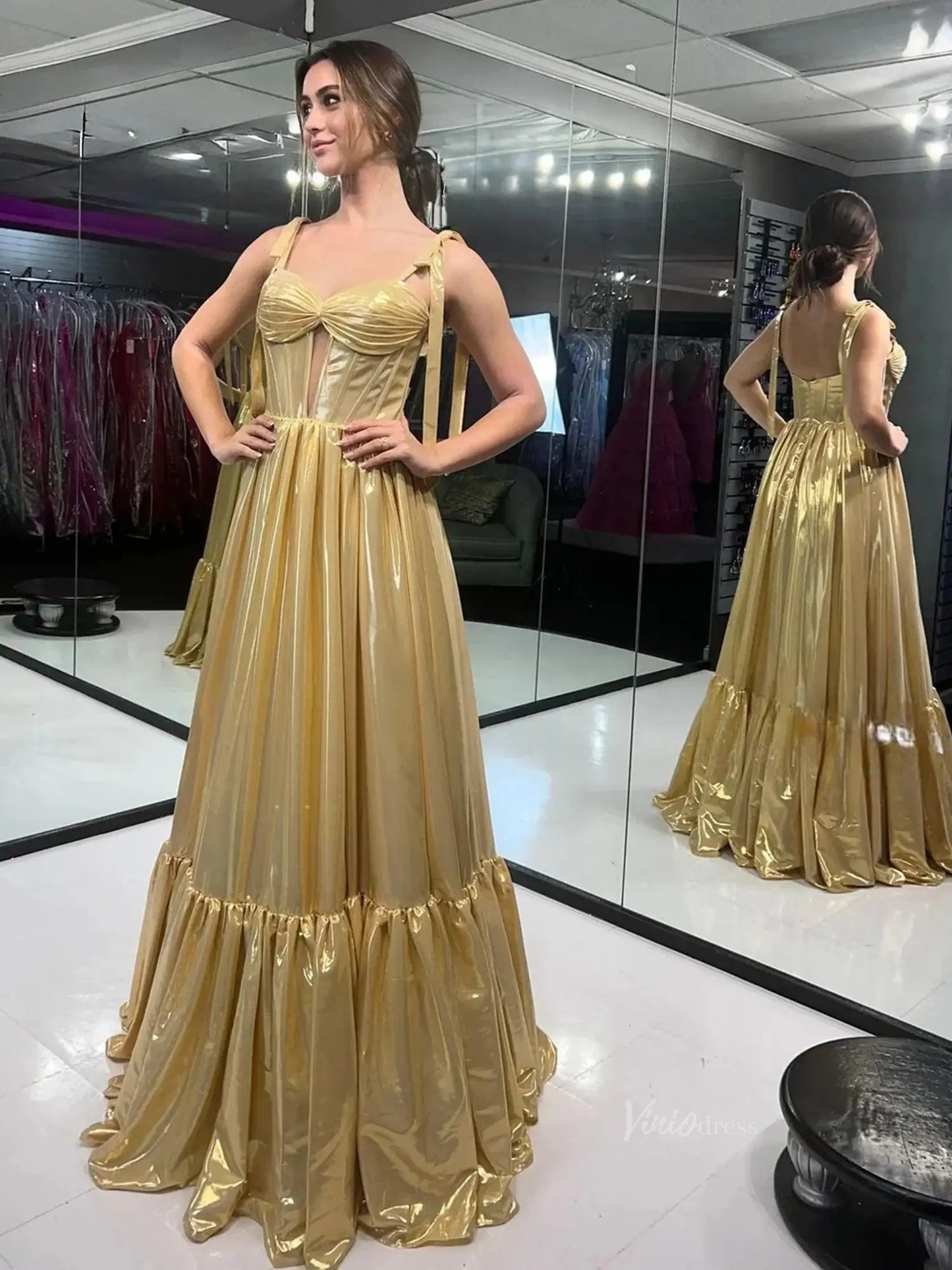 Gold Satin Prom Dresses 2025 Sleeveless Pleated Formal Gown - FD5149-prom dresses 2025 -Viniodress-Gold-Custom Size-