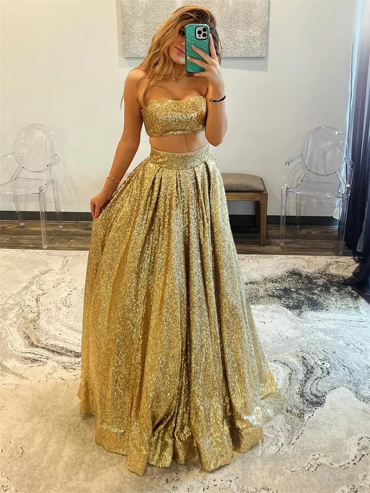 Gold Sparkly Sequin Tow-Piece Prom Dresses - FD5184 Viniodress Gold Sparkly Sequin Tow-Piece Prom Dresses - FD5184 Viniodress