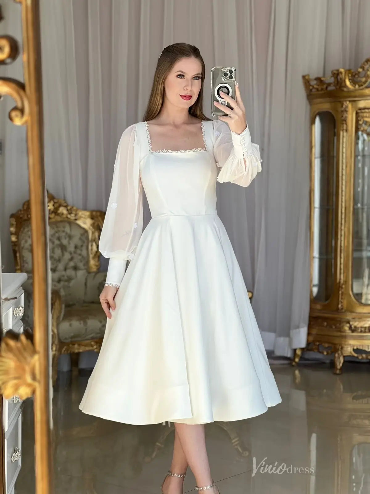 Ivory Tea-Length Crepe Wedding Dress with Puff Sleeves & Lace-Up Back MS127 Viniodress Ivory Tea-Length Crepe Wedding Dress with Puff Sleeves & Lace-Up Back MS127 Viniodress