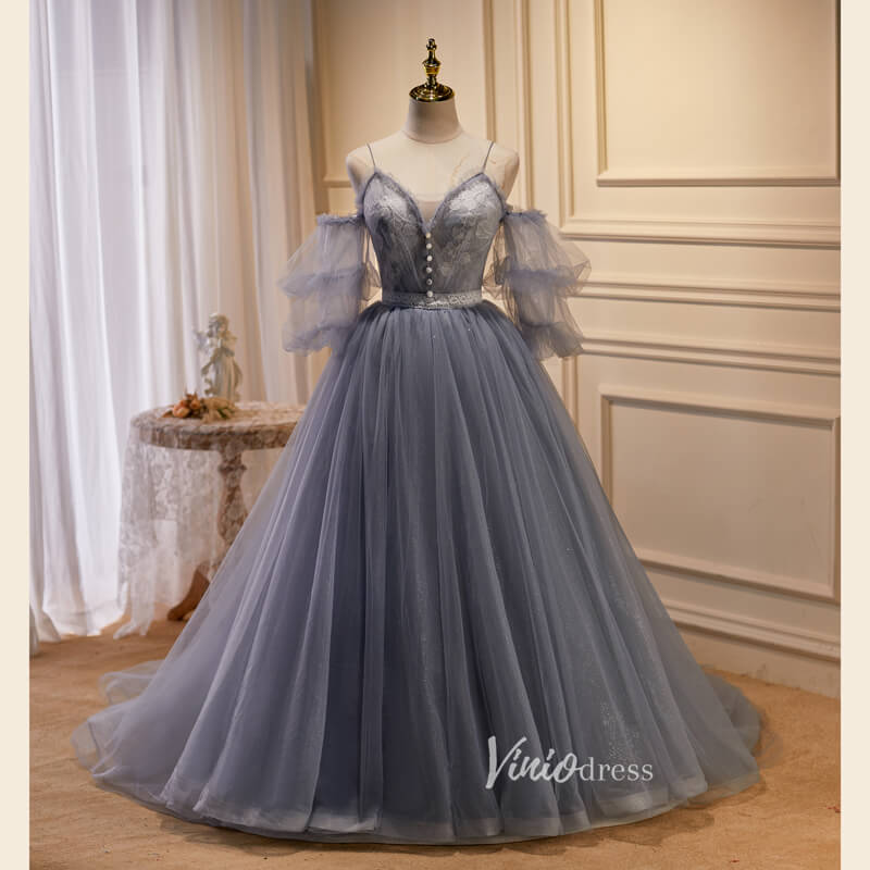 Gray Tulle Prom Dresses Spaghetti Strap Evening Dress FD3211  Viniodress