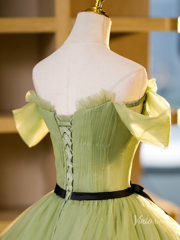 Green 3D Flower Prom Ball Gown with Belt Off the Shoulder Quinceanera Dresses BG068-prom dresses 2025 -Viniodress-Green-Custom Size-