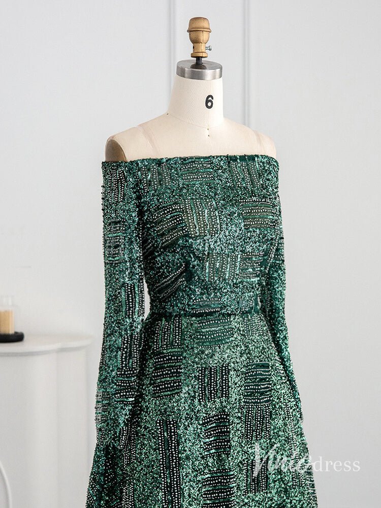 Green Beaded Evening Dresses Off the Shoulder Long Sleeve Formal Dress AD1164-Evening Dresses 2025 -Viniodress-Green-US 2-