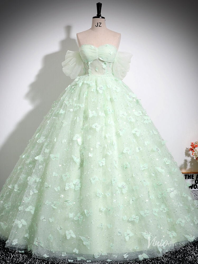 Green Butterfly Off the Shoulder Prom Ball Gown Sparkly Tulle Quinceanera Dresses BG035-prom dresses 2025 -Viniodress-Green-Custom Size-