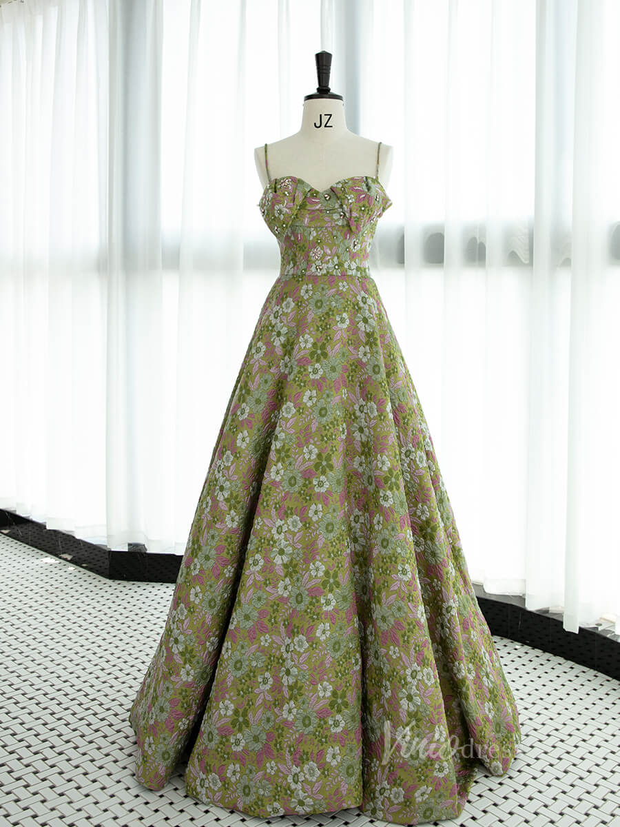 Green Floral Print Prom Dresses Spaghetti Strap Formal Dress AD1076 - Green / US10, image size:900x1200