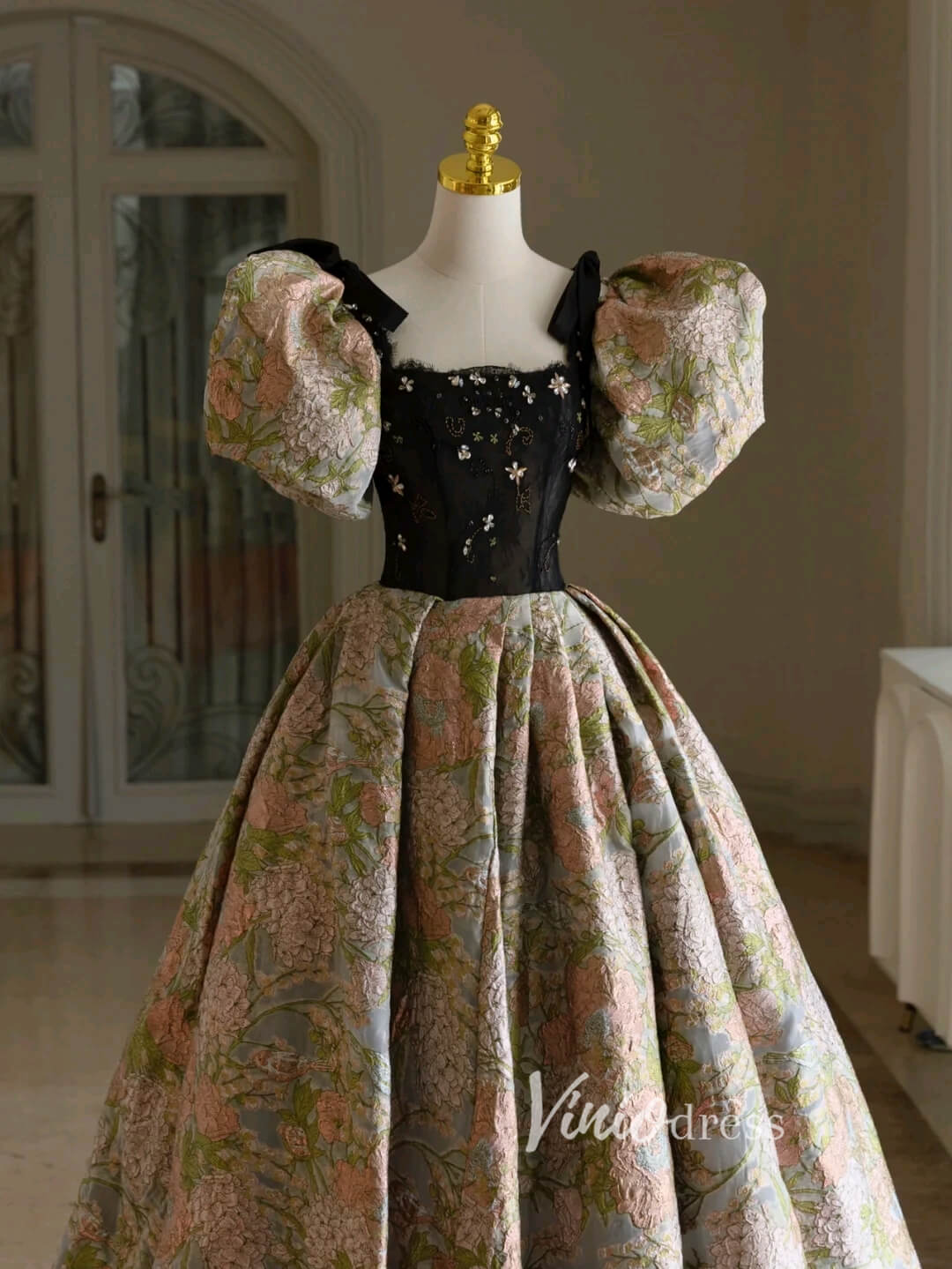 Green Jacquard Satin Prom Dresses Puffed Sleeve Formal Gown FD3440-prom dresses 2025 -Viniodress-Green-Custom Size-