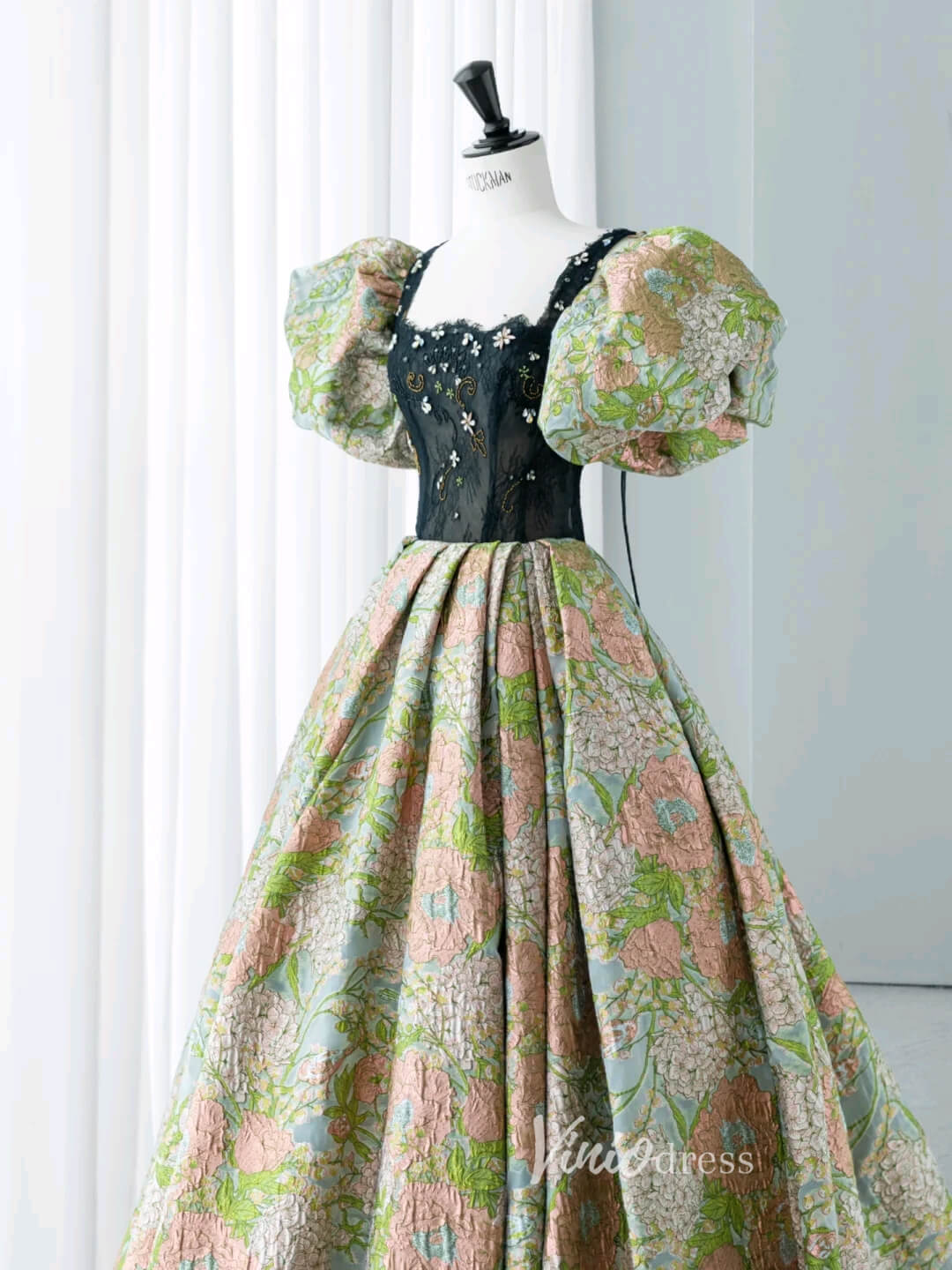 Green Jacquard Satin Prom Dresses Puffed Sleeve Formal Gown FD3440B-prom dresses 2025 -Viniodress-Green-Custom Size-