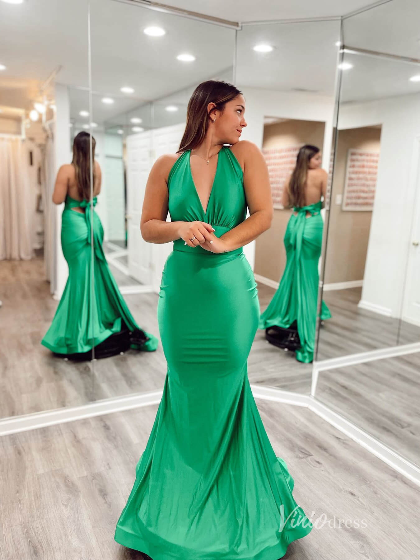 Green Mermaid Satin Prom Dresses Halter Neck Evening Dress FD3645-prom dresses 2025 -Viniodress-Green-Custom Size-