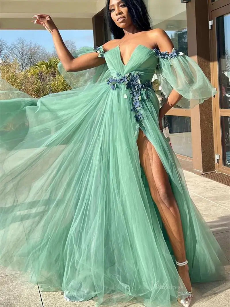 Green Off the Shoulder Tulle Prom Dresses with Slit, Puffed Sleeve & F –  Viniodress