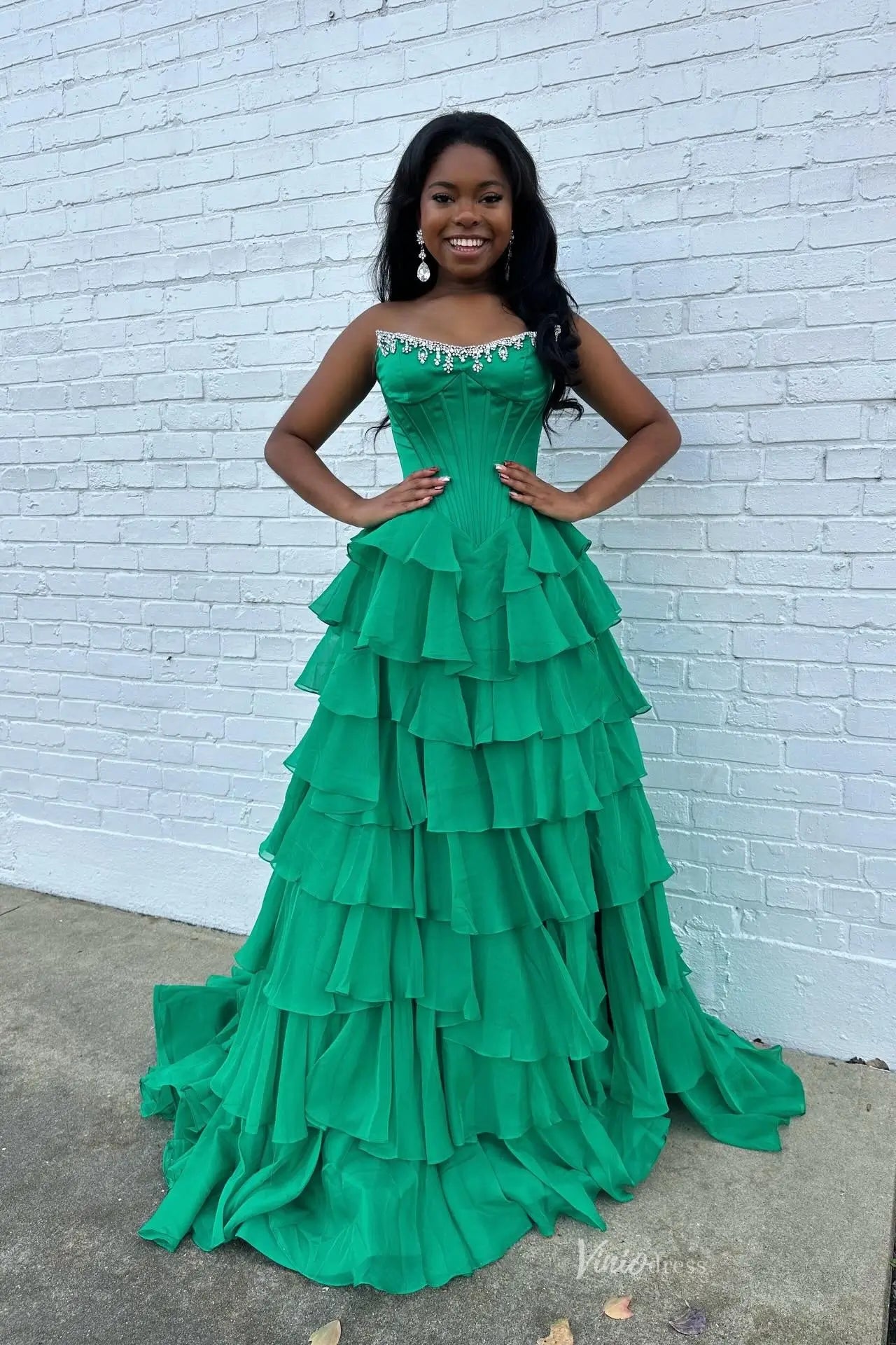 Green Ruffle Prom Dress with Crystal Strapless Neckline RF313 Viniodress Green Ruffle Prom Dress with Crystal Strapless Neckline RF313 Viniodress