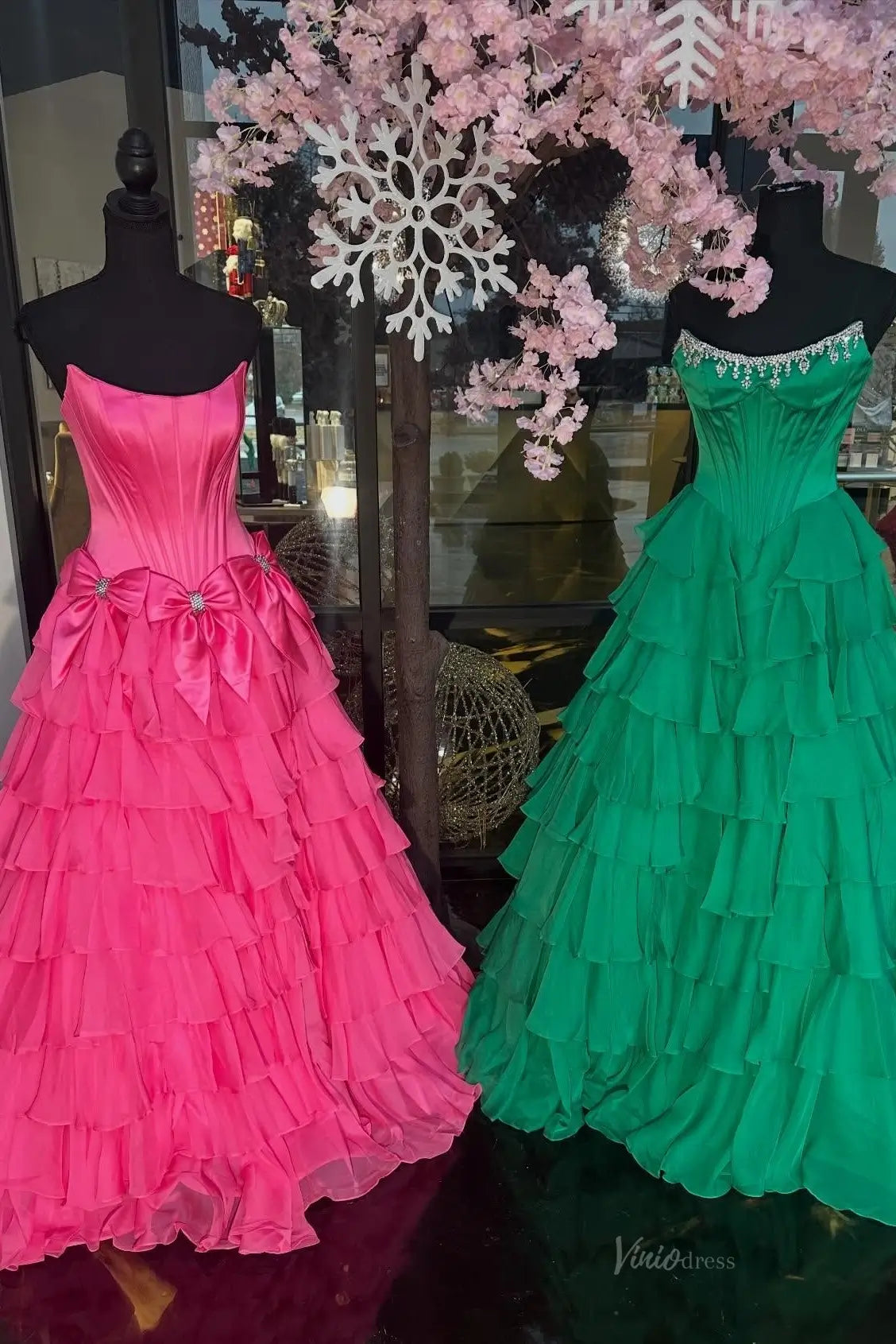 Green Ruffle Prom Dress with Strapless Crystal Neckline & Corset Bodice – RF313-prom dresses 2026-Viniodress-Hot Pink-Custom Size – Add Measurements in Cart-