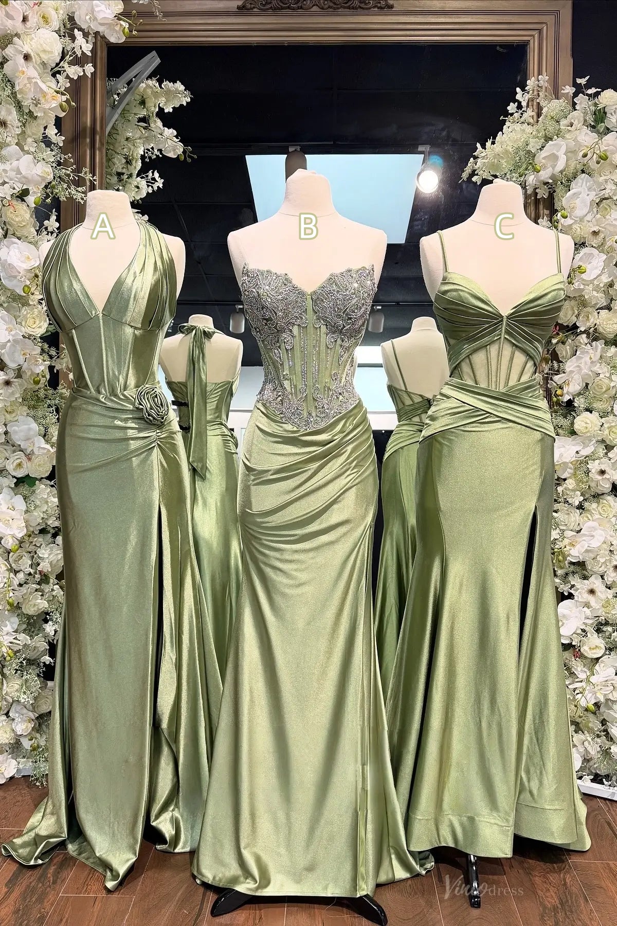 Green Satin Prom Dresses with Beaded Corset & Elegant Necklines SS367 Viniodress Green Satin Prom Dresses with Beaded Corset & Elegant Necklines SS367 Viniodress