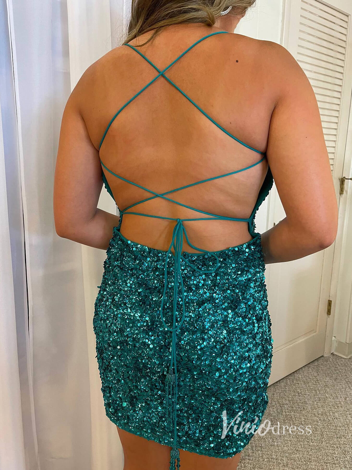 Green Sequin Bodycon Hoco Dress Spaghetti Strap Mini Cocktail Dress SD1458-Homecoming Dresses 2025 -Viniodress-Green-Custom Size-