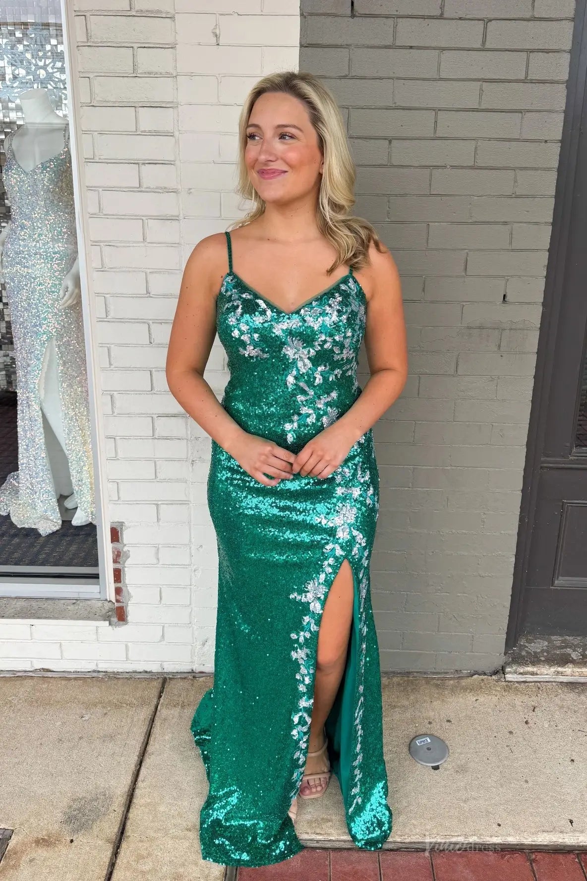 Green Sequin Floral Prom Dress with High Slit & V Neck SQ015 Viniodress Green Sequin Floral Prom Dress with High Slit & V Neck SQ015 Viniodress
