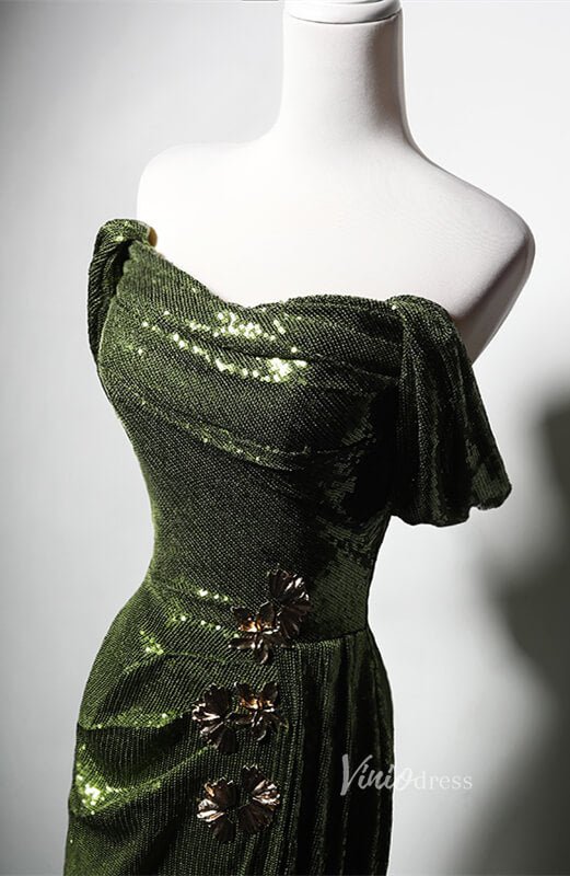 Green Sequin Mermaid Prom Dresses with Slit Off the Shoulder Evening Dress AD1207-prom dresses 2025 -Viniodress-Green-Custom Size-