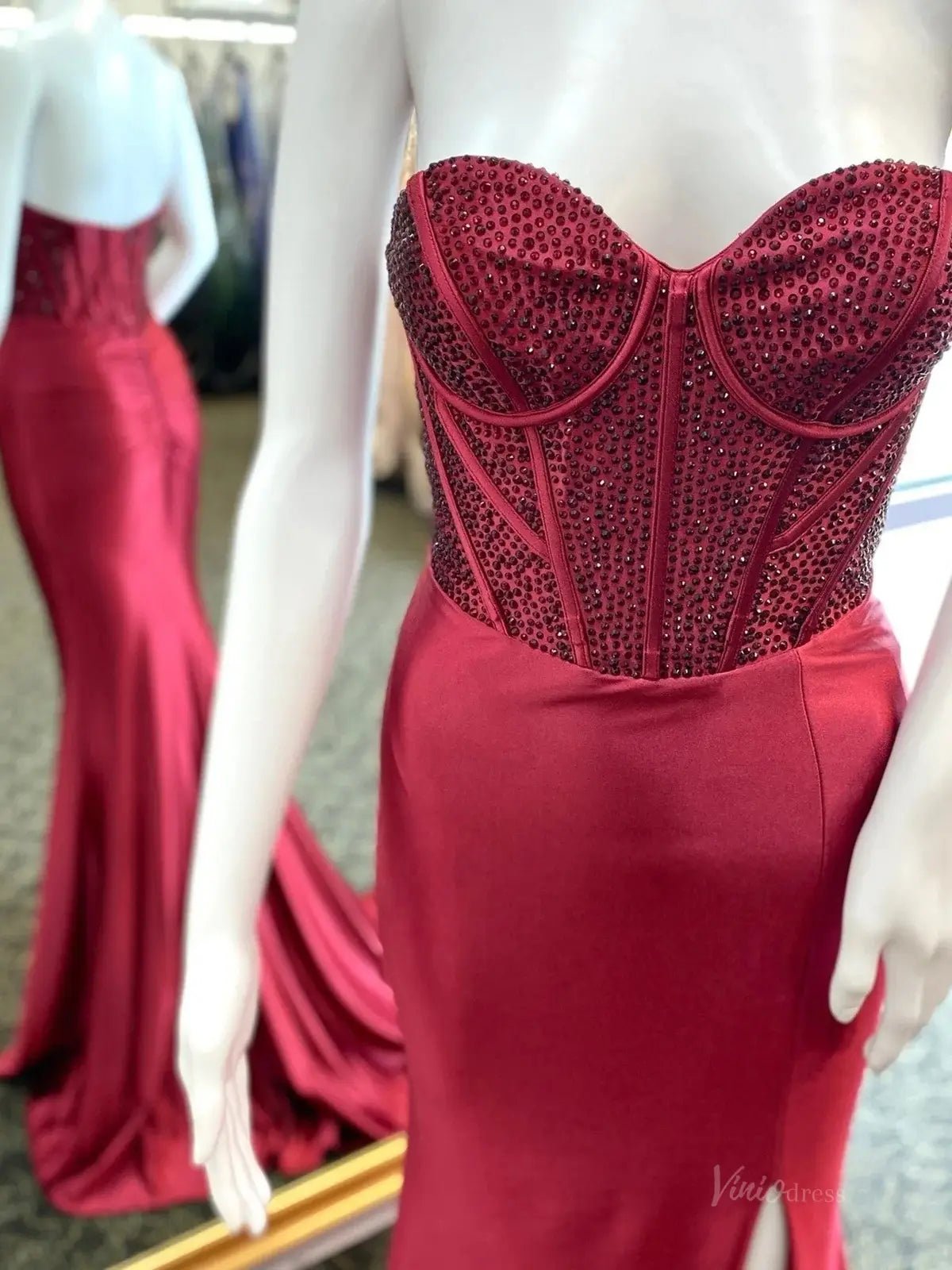 Green Strapless Satin Mermaid Prom Dresses 2025 with Slit, Sweetheart Neck & Beaded Boned Bodice – FD5050-prom dresses 2025 -Viniodress-Red-Custom Size-