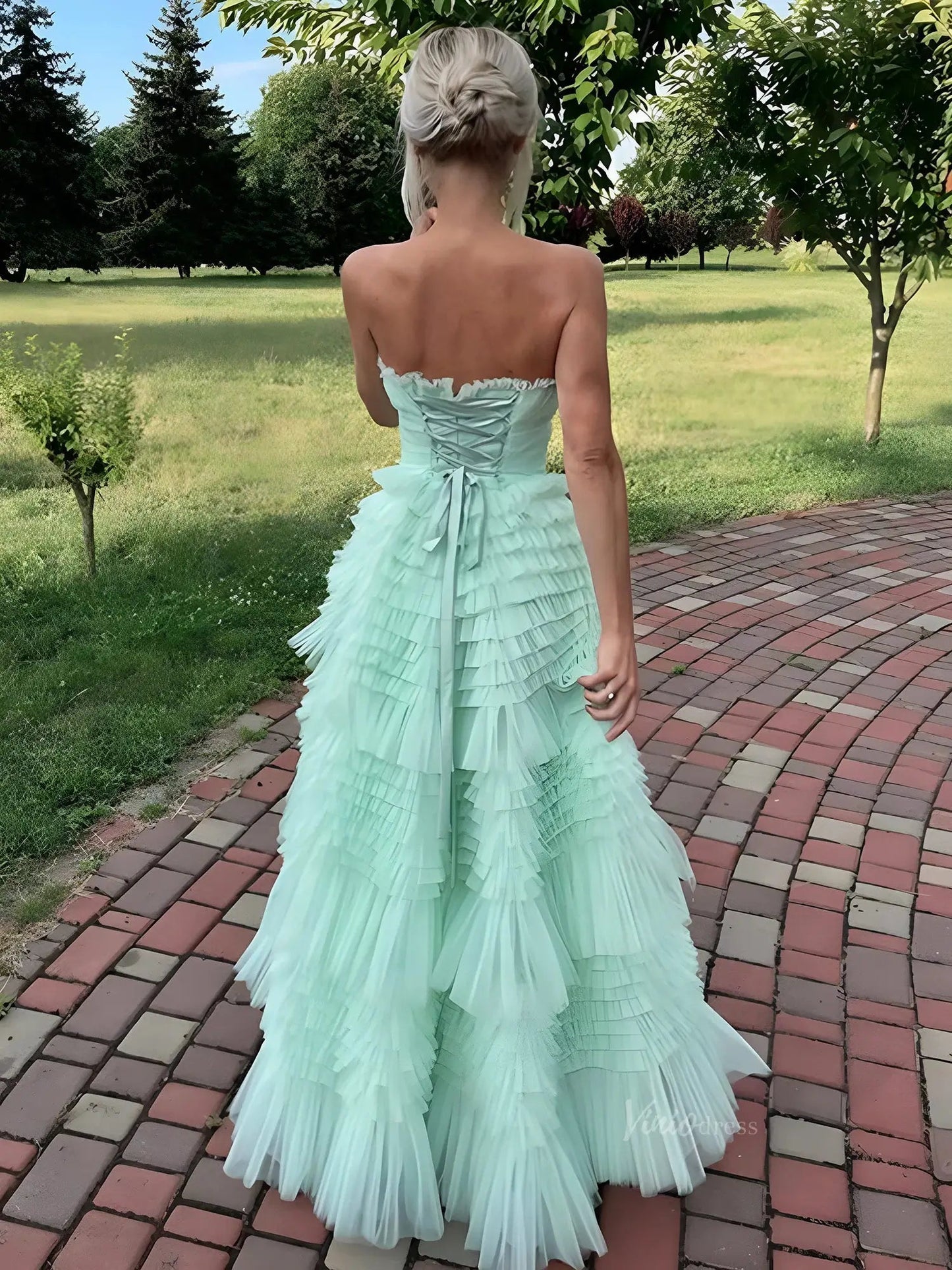 Green Strapless Tulle Prom Dresses 2025 Ruffled Formal Dresses - FD3709-prom dresses 2025 -Viniodress-Green-Custom Size-