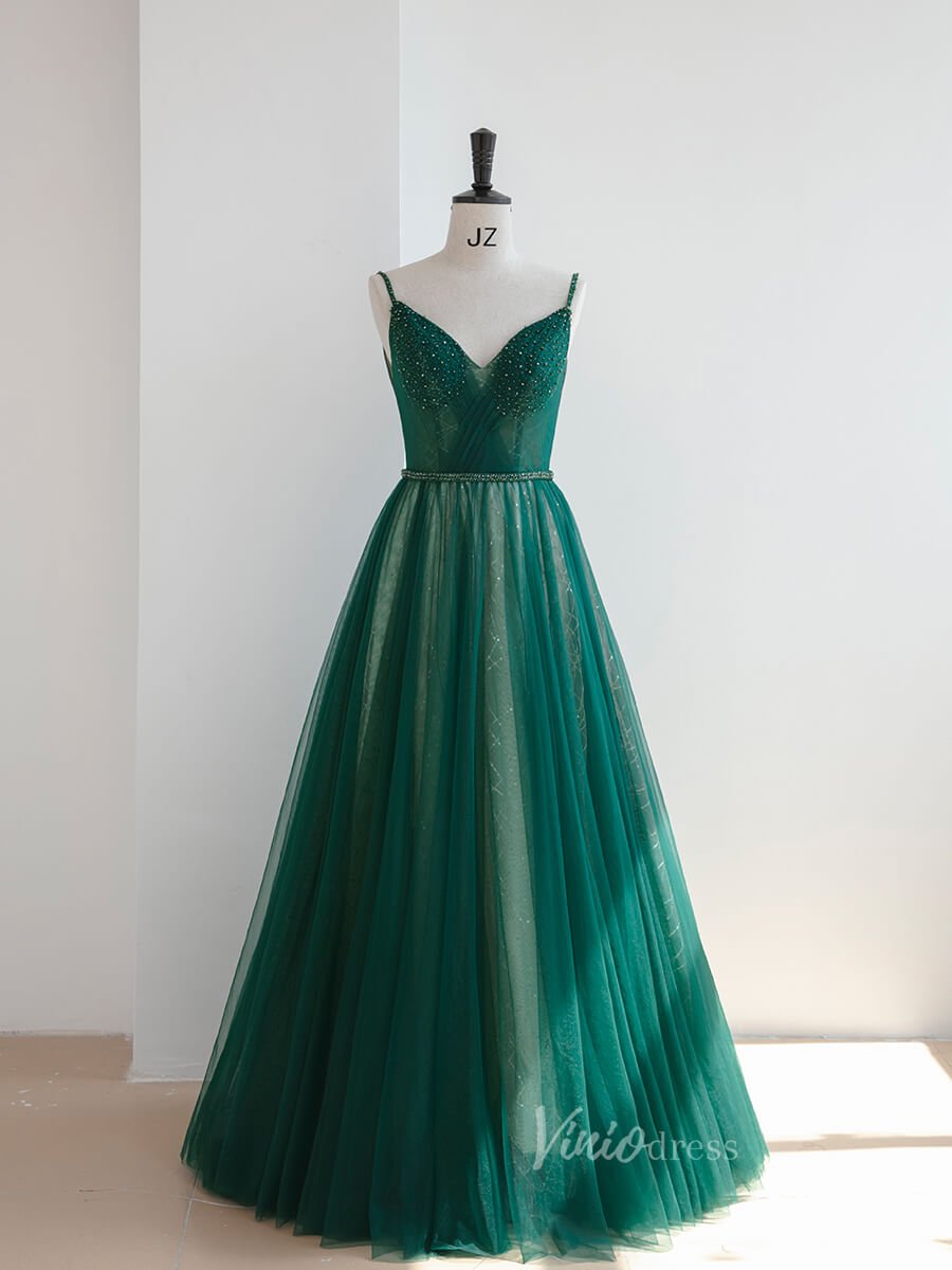 white christmas dresses Dark Green Tulle A-line Long Evening Prom Dresses, Cheap V-neck Prom D –  MarryLover main image 1
