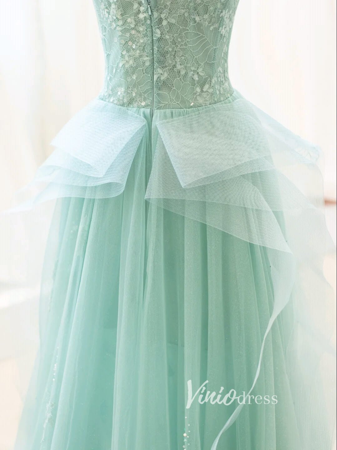 Green Tulle Prom Dresses Strapless Lace Applique Formal Dress FD3427-prom dresses 2025 -Viniodress-Green-Custom Size-