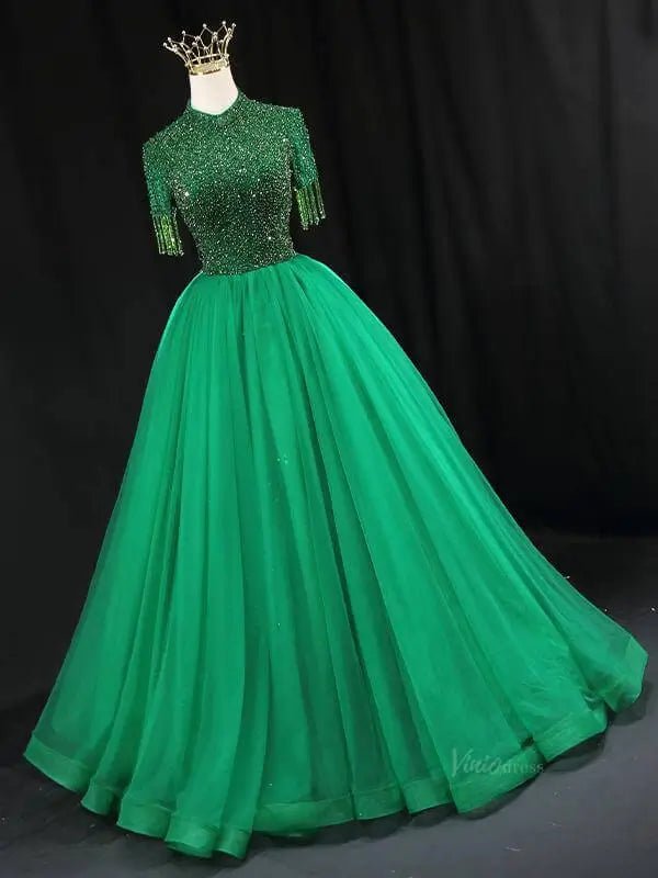 Green Tulle Prom Dresses with Beaded Bodice, High Neck, Tassels, Quinceanera Dresses SU080-prom dresses 2025 -Viniodress-Green-Custom Size-