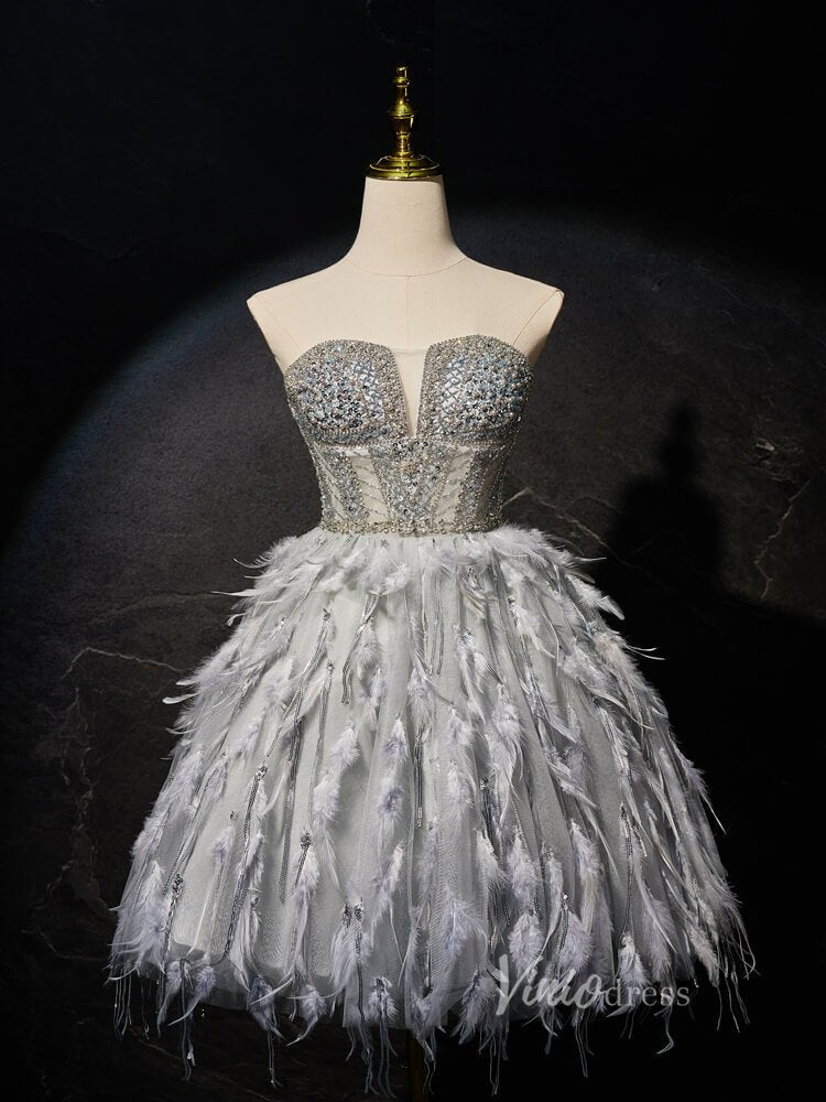 Grey Beaded Feather Homecoming Dresses Sheer Bodice Short Formal Dress Viniodress Grey Beaded Feather Homecoming Dresses Sheer Bodice Short Formal Dress Viniodress