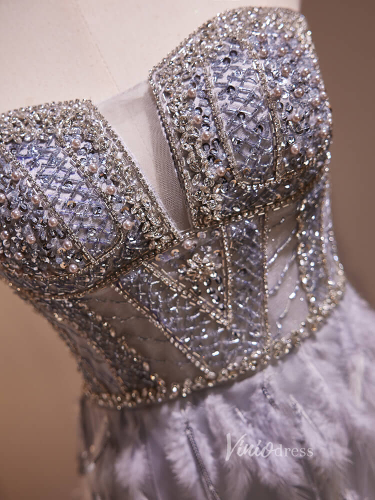 Grey Beaded Feather Mermaid Prom Dresses Corset Back Evening Dress BJ014-Evening Dresses 2025 -Viniodress-Grey-Custom Size-