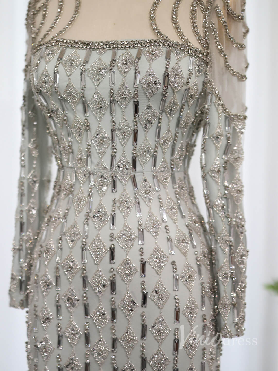 Grey Beaded Mermaid Prom Dresses Long Sleeve Boat Neck Pageant Dress AD1191-Evening Dresses 2025 -Viniodress-Grey-US 2-