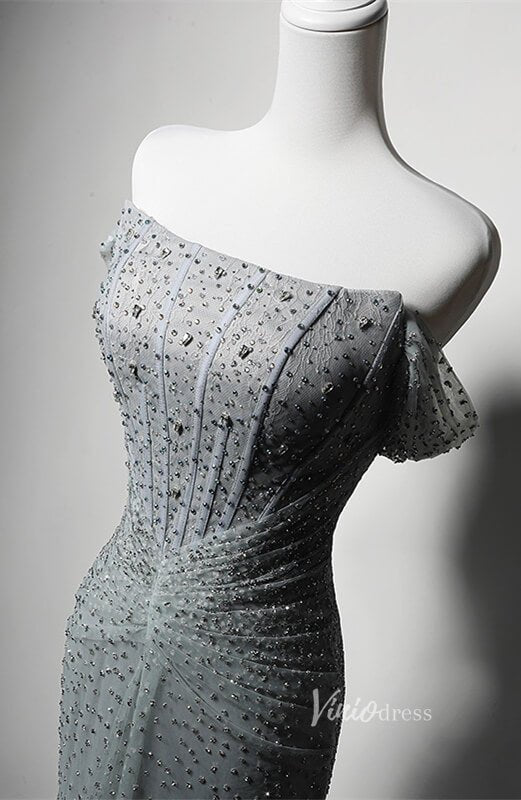 Grey Beaded Mermaid Prom Dresses Off the Shoulder Evening Dress AD1203-prom dresses 2025 -Viniodress-Grey-Custom Size-
