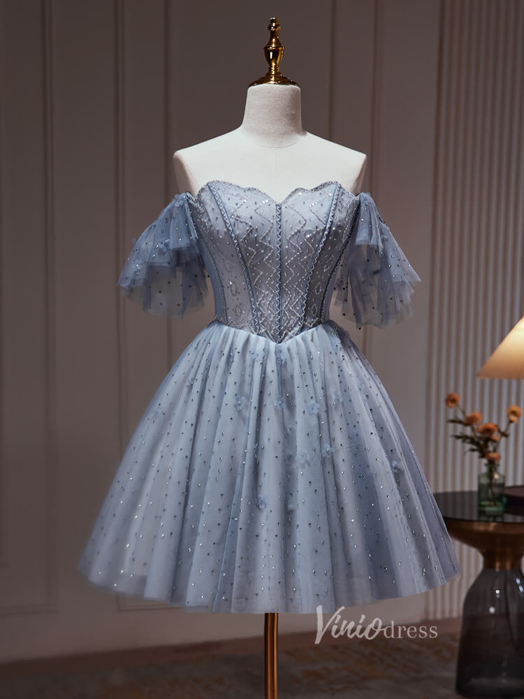Grey Beaded Off the Shoulder Homecoming Dresses Boned Bodice Party Dre –  Viniodress