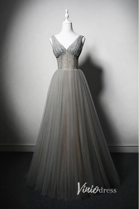 Grey Beaded Prom Dresses V-Neck Evening Dress AD1012 Viniodress Grey Beaded Prom Dresses V-Neck Evening Dress AD1012 Viniodress