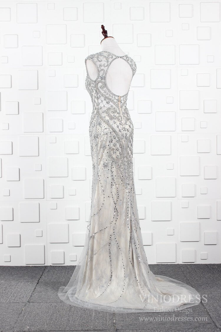 Grey Beaded Prom Dresses V-neck Sheath 20s Party Dress FD2490-Evening Dresses 2025 -Viniodress-Grey-US 2-