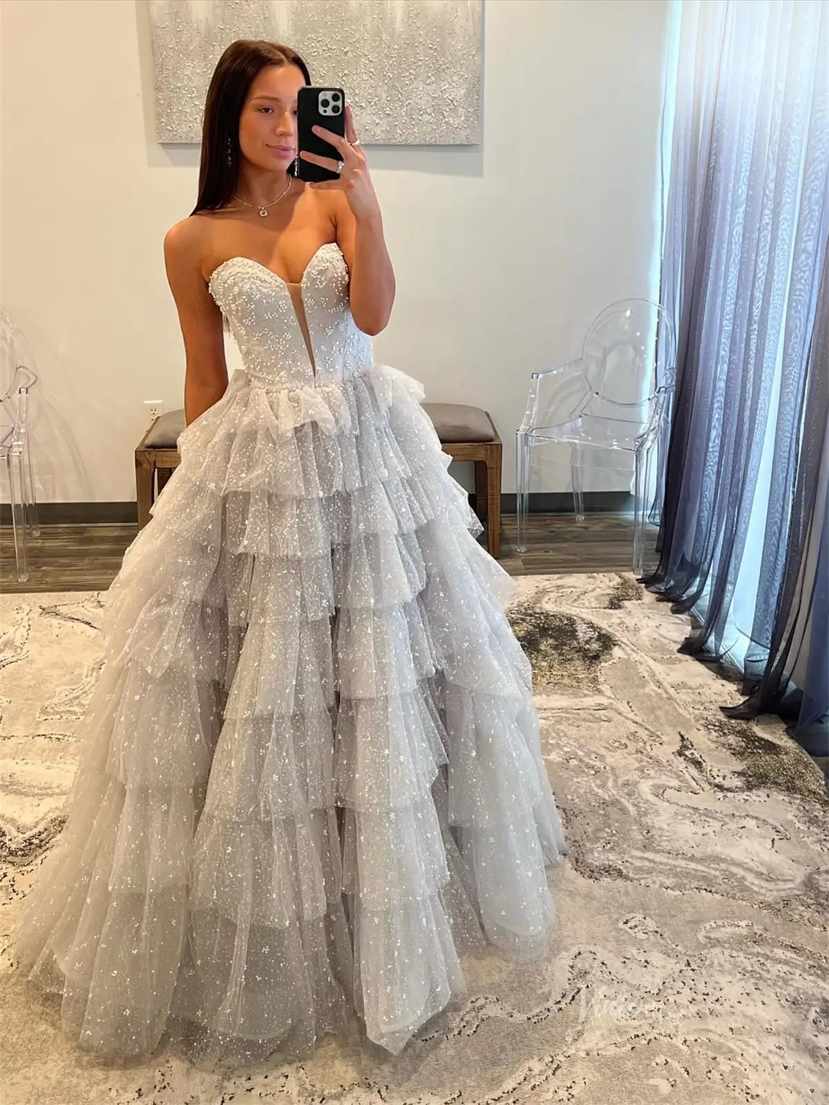Grey Beaded Tulle Prom Dresses with Sweetheart Neck & Tiered Bottom - FD3746-prom dresses 2025 -Viniodress-Grey-Custom Size-