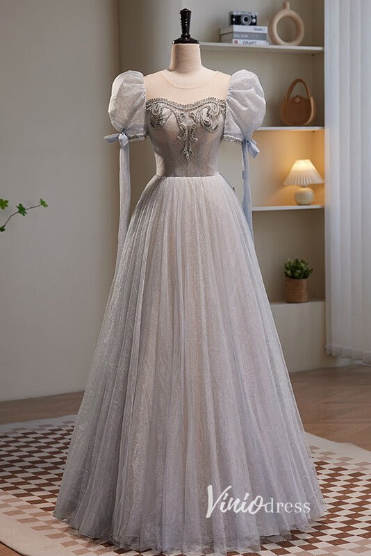Grey Shimmering Sparkly Tulle Prom Dresses with Puffed Sleeve FD3520 –  Viniodress