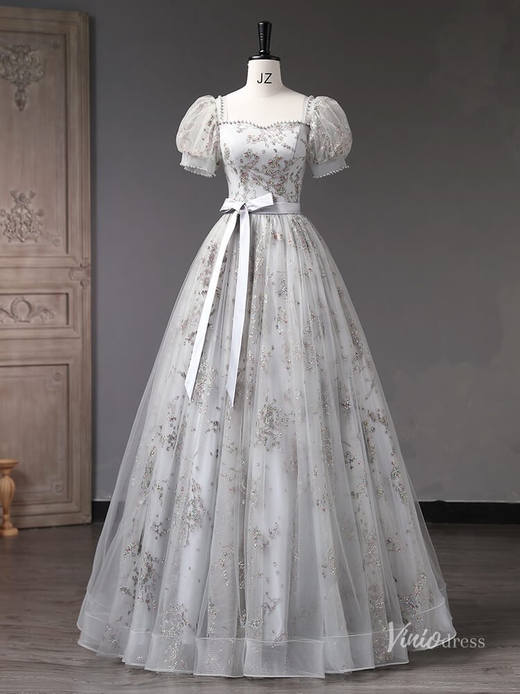 Grey Sparkly Lace Puffed Sleeve Prom Ball Gown Bow Tie Quinceanera Dresses BG057-prom dresses 2025 -Viniodress-Grey-Custom Size-
