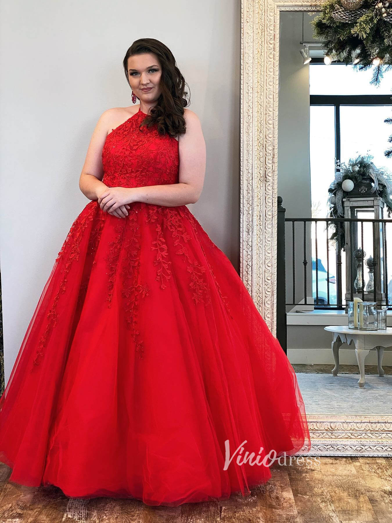 Halter Hot Pink Lace Appliqued Prom Dresses Beaded Waist FD1265H-prom dresses 2025 -Viniodress-Hot Pink-Custom Size-