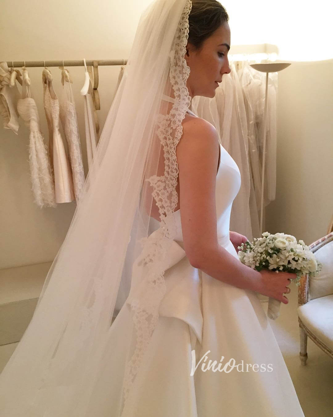Halter Neck Cathedral Wedding Wedding Gown with Bow W2056-wedding dresses 2025 -Viniodress-Ivory-Custom Size-