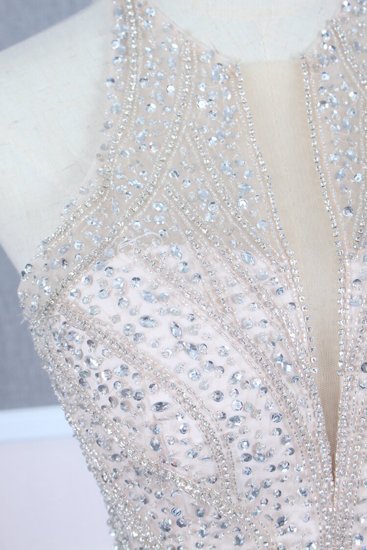 Halter Pearl Pink Long Prom Dresses Beaded Sheath Evening Dress FD2508-Evening Dresses 2025 -Viniodress-As Picture-US 2-