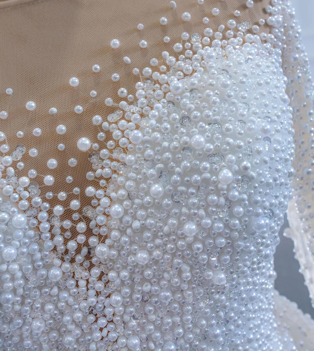 Haute Couture Beaded Pearls Wedding Dresses with Long Sleeves VW1783-wedding dresses 2025 -Viniodress-Ivory-Custom Size-