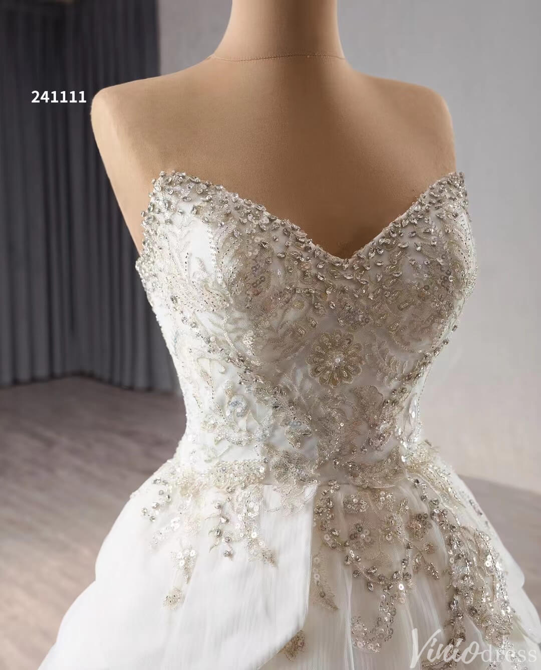 Haute Couture Beaded Tiered Balll Gown Wedding Dresses with Slit 241111-wedding dresses 2025 -Viniodress-Ivory-Custom Size-