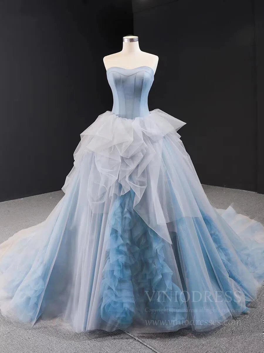 Haute Couture Dusty Blue Ball Gown Strapless Sweet 15 Dresses FD1680 viniodress-prom dresses 2025 -Viniodress-Chapel Train-Dusty Blue-Custom Size